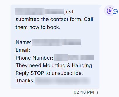 Notification at 2:48 PM: a homeowner just submitted the contact form for mounting and hanging