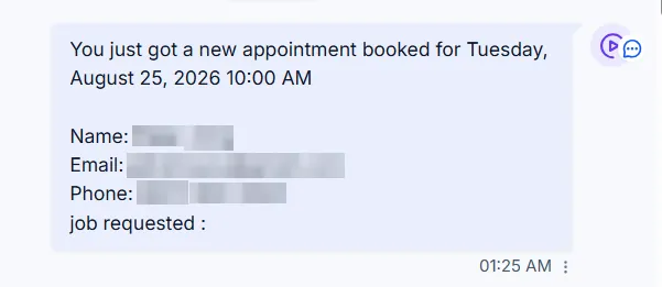 Notification: new appointment booked for Tuesday, August 25, 2026 at 10:00 AM