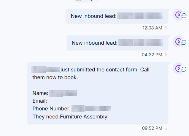 Notification: two new inbound leads at 12:08 AM and 4:32 PM, and a contact form submission at 9:52 PM for furniture assembly