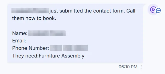 Notification at 6:10 PM: a lead submitted the contact form for furniture assembly